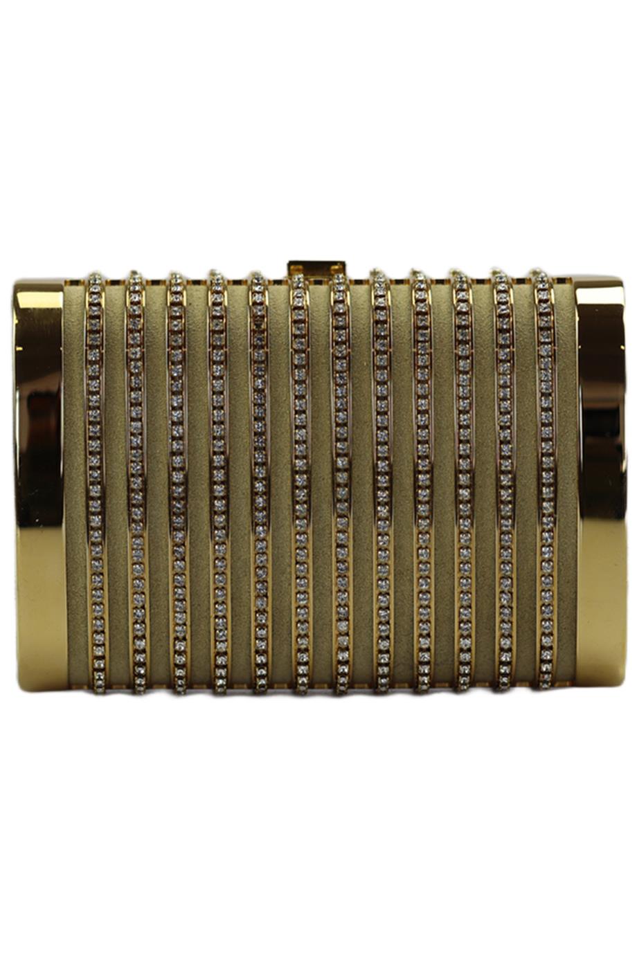 STARK CRYSTAL EMBELLISHED SUEDE AND GOLD TONE CLUTCH