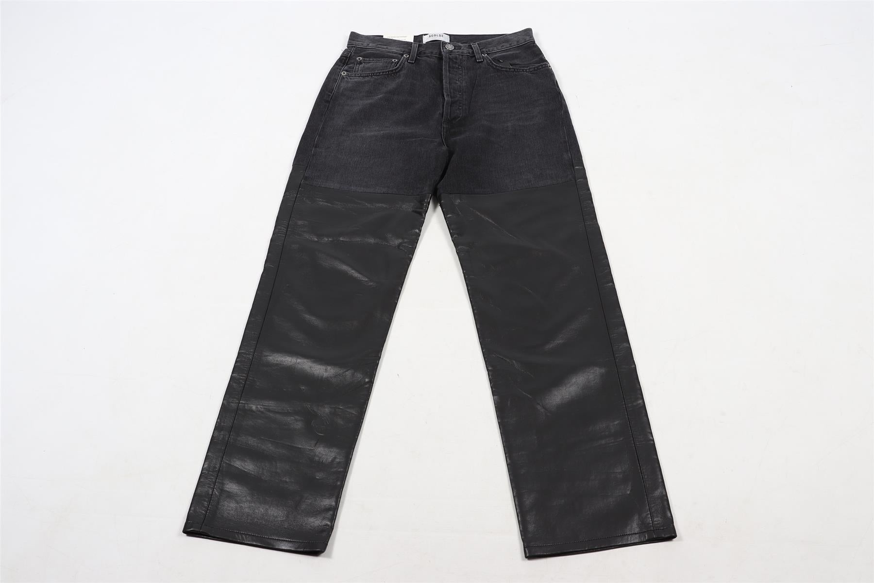 AGOLDE BLACK DENIM AND LEATHER STRAIGHT LEG PANTS W27 UK 8-10