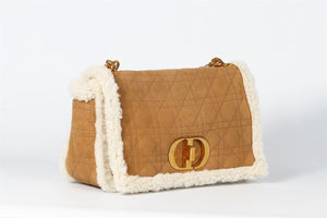 CHRISTIAN DIOR TAN MEDIUM CARO CANNAGE SUEDE AND SHEARLING SHOULDER BAG