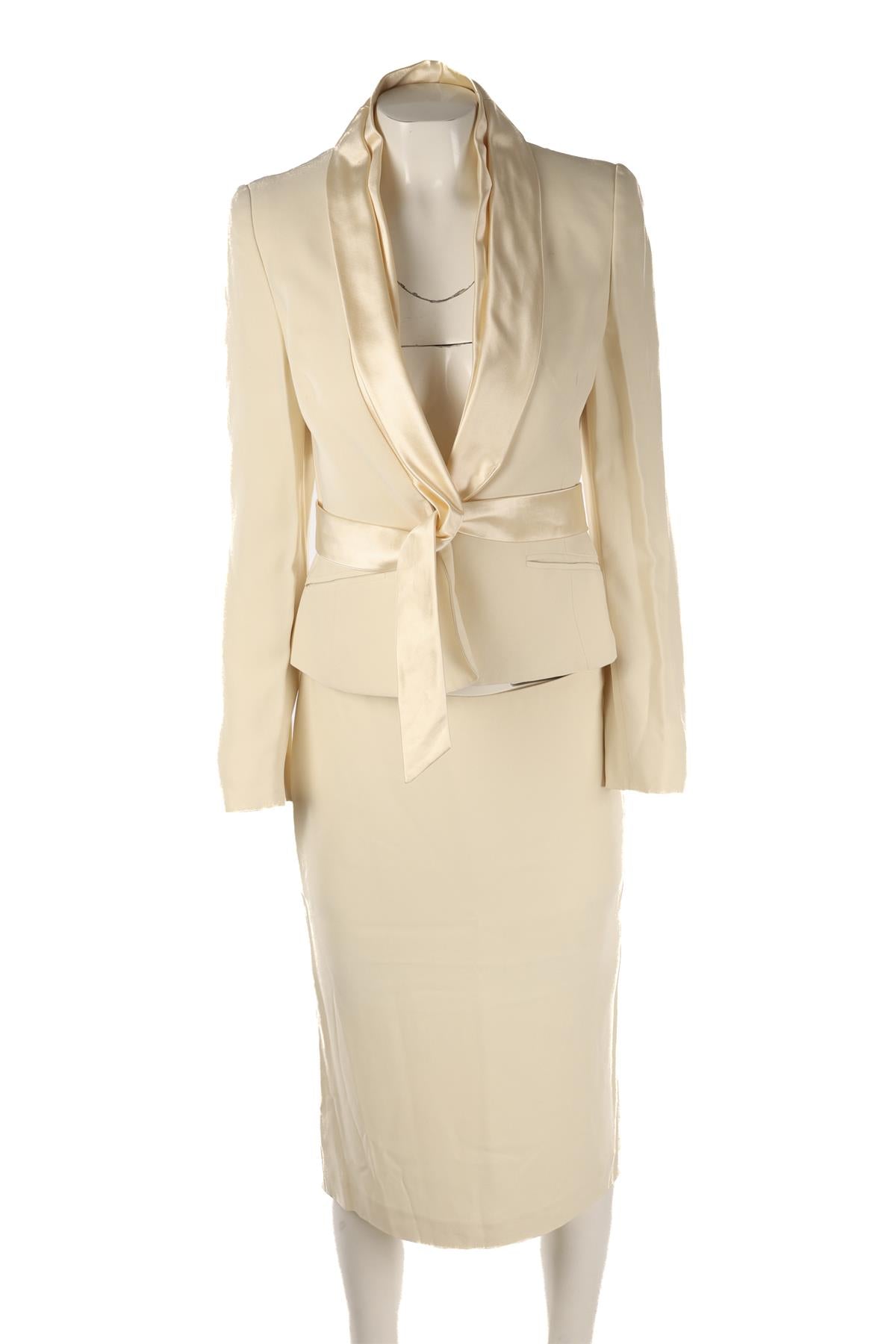 ALEXANDER MCQUEEN CREAM 2006 CREPE SKIRT AND BLAZER SET IT 42 UK 10