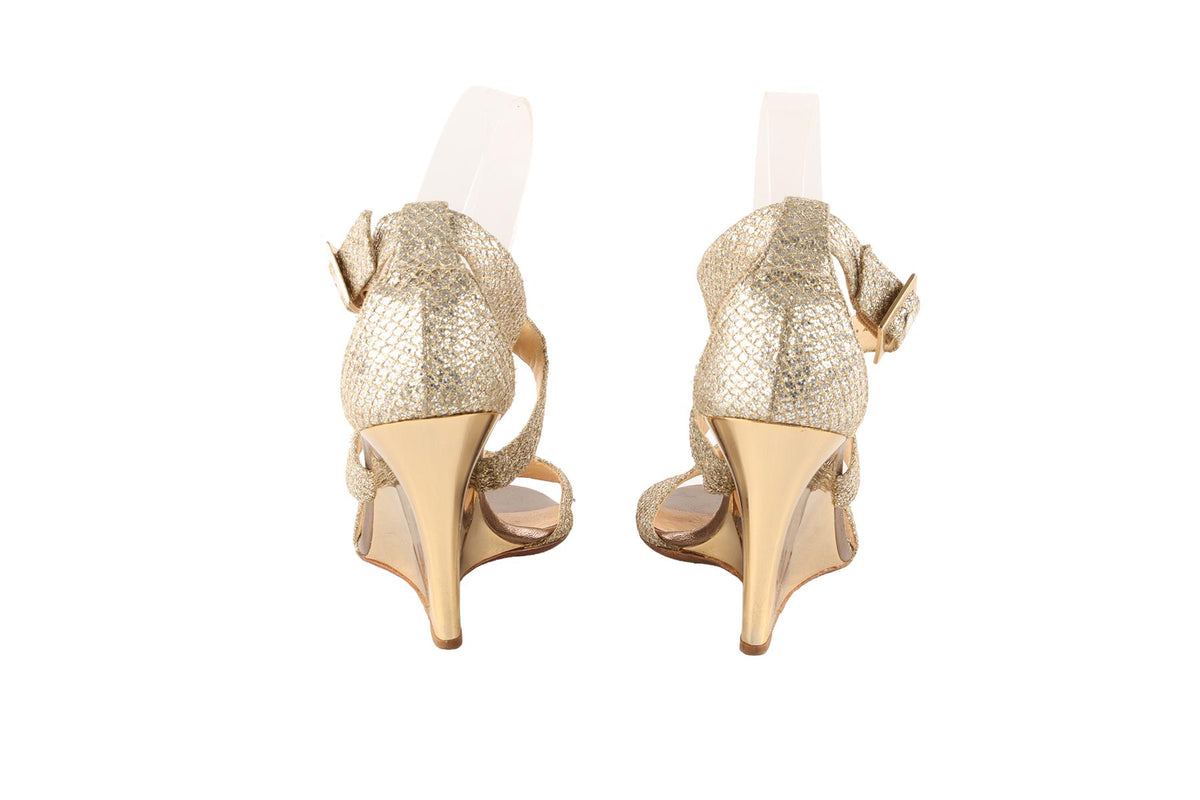 JIMMY CHOO GOLD FABRIC WEDGE SANDALS EU 38.5 UK 5.5 US 8.5