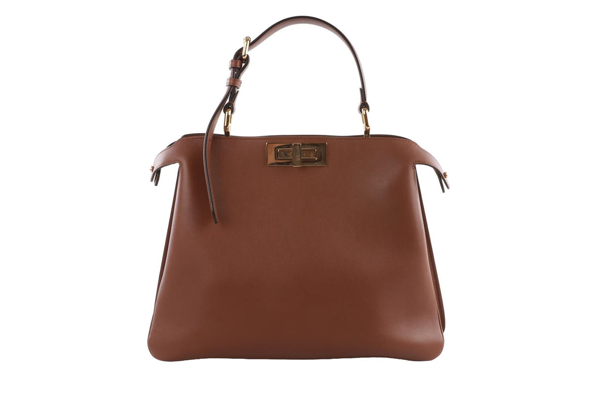 FENDI BROWN PEEKABOO SOFT MEDIUM LEATHER TOTE BAG