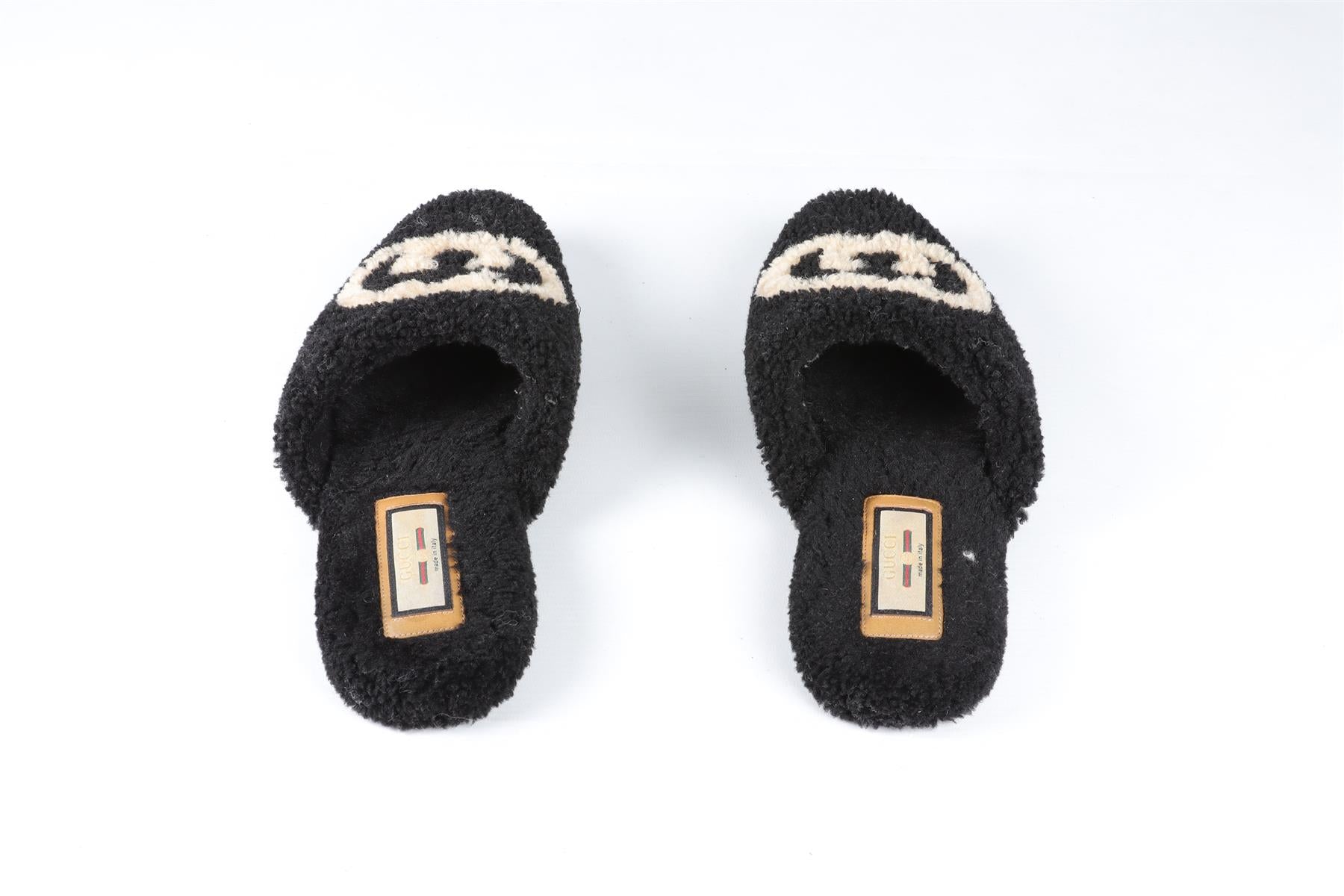 GUCCI BLACK EILEEN GG SHEARLING SLIPPERS EU 40 UK 7 US 10