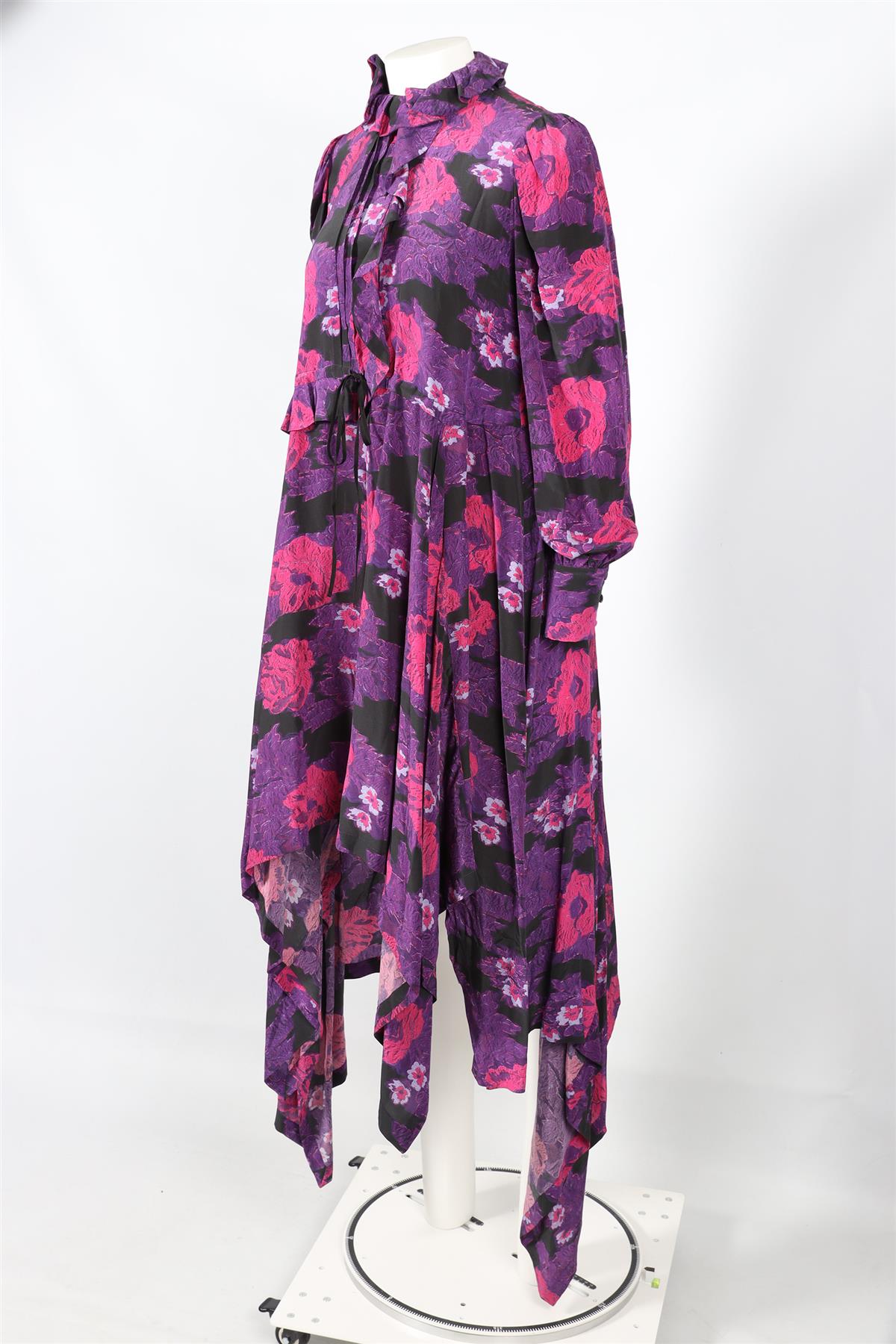 PREEN BY THORNTON BREGAZZI PURPLE, PINK AND BLACK FLORAL PRINT SILK MAXI DRESS MEDIUM