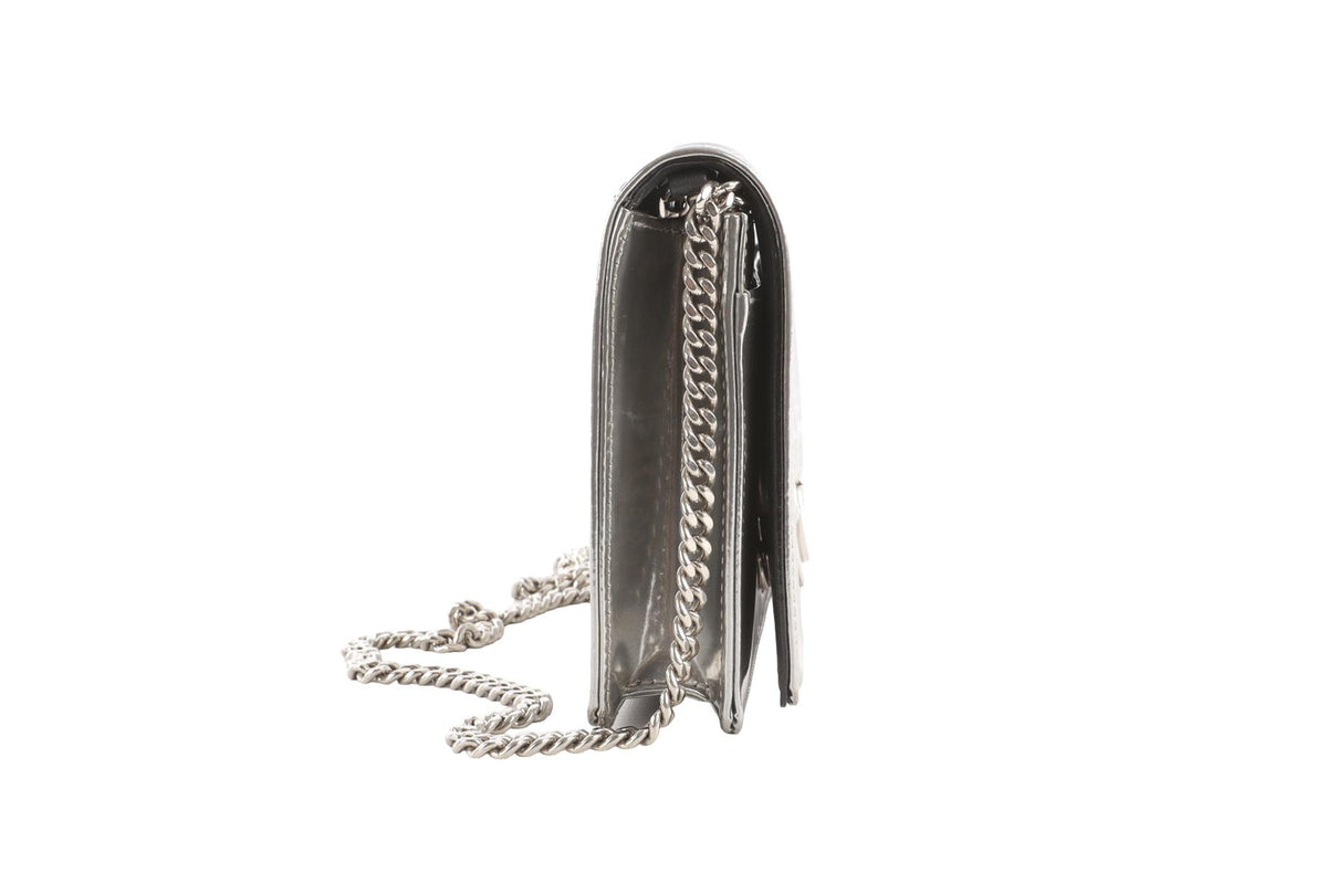 CHRISTIAN DIOR SILVER DIORAMA WALLET ON CHAIN MICROCANNAGE LEATHER CROSSBODY BAG