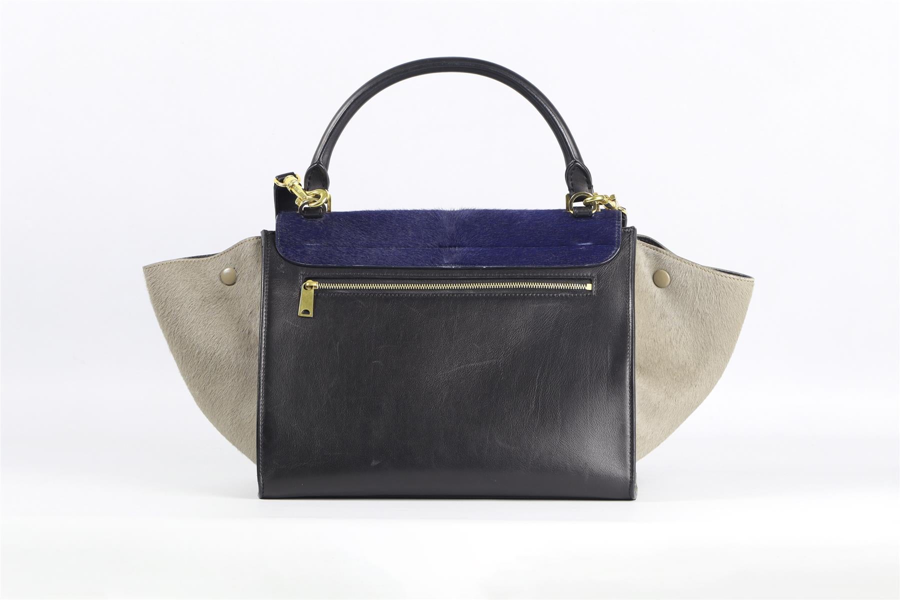 CELINE NAVY TRAPEZE MEDIUM CALF HAIR AND LEATHER TOTE BAG