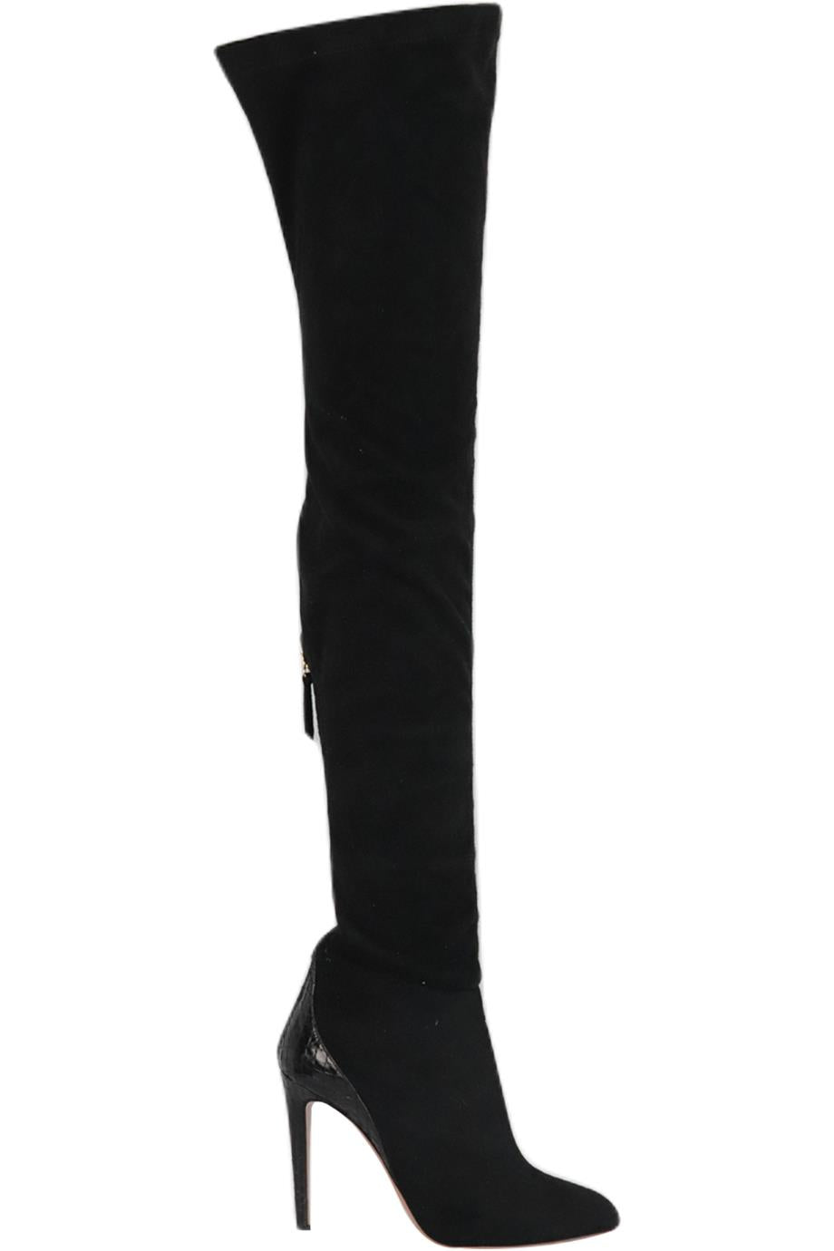 AQUAZZURA SNAKE EFFECT TRIMMED FAUX SUEDE OVER THE KNEE BOOTS EU 38 UK 5 US 8