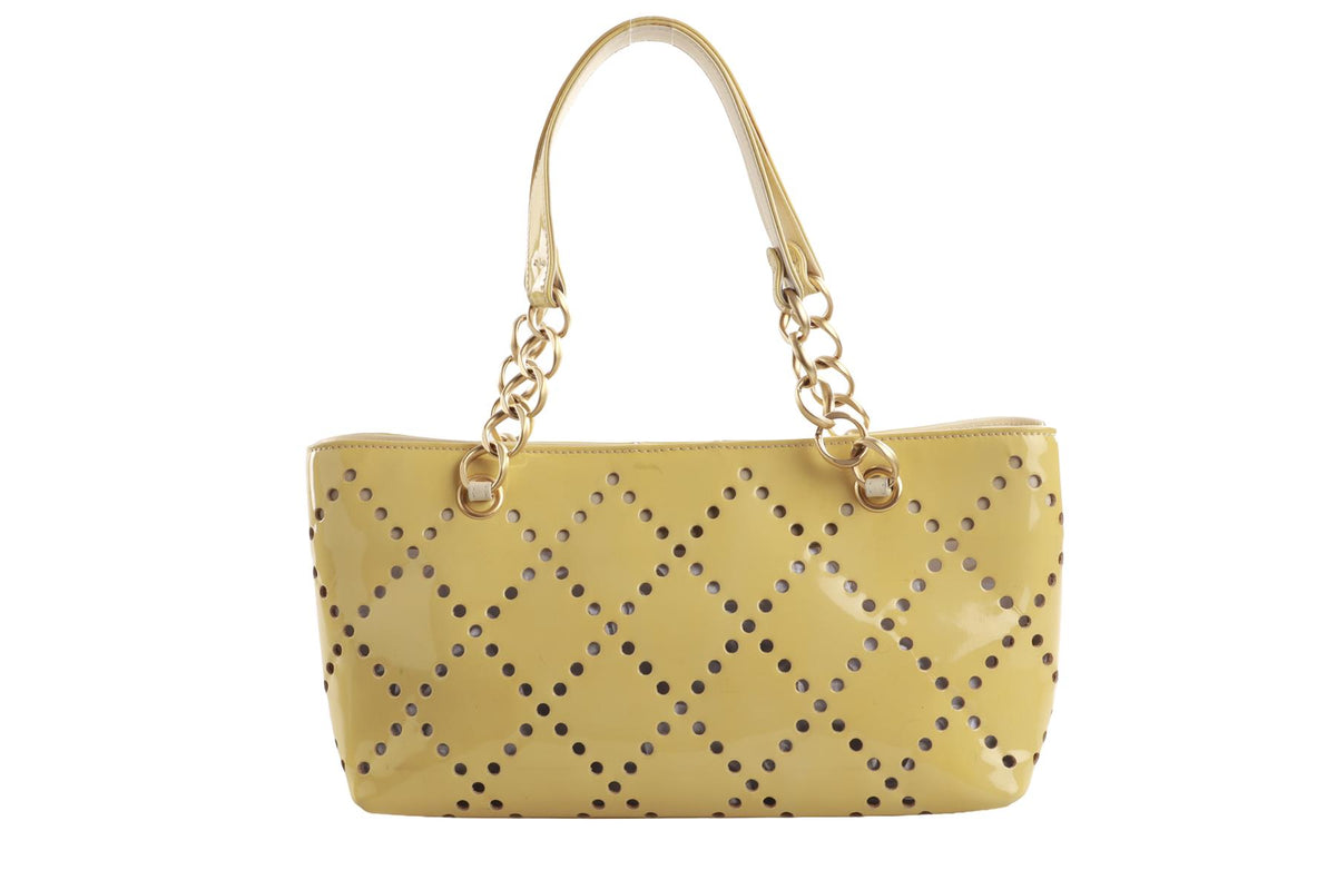 CHANEL YELLOW 2003-2004 CC PATENT LEATHER TOTE BAG