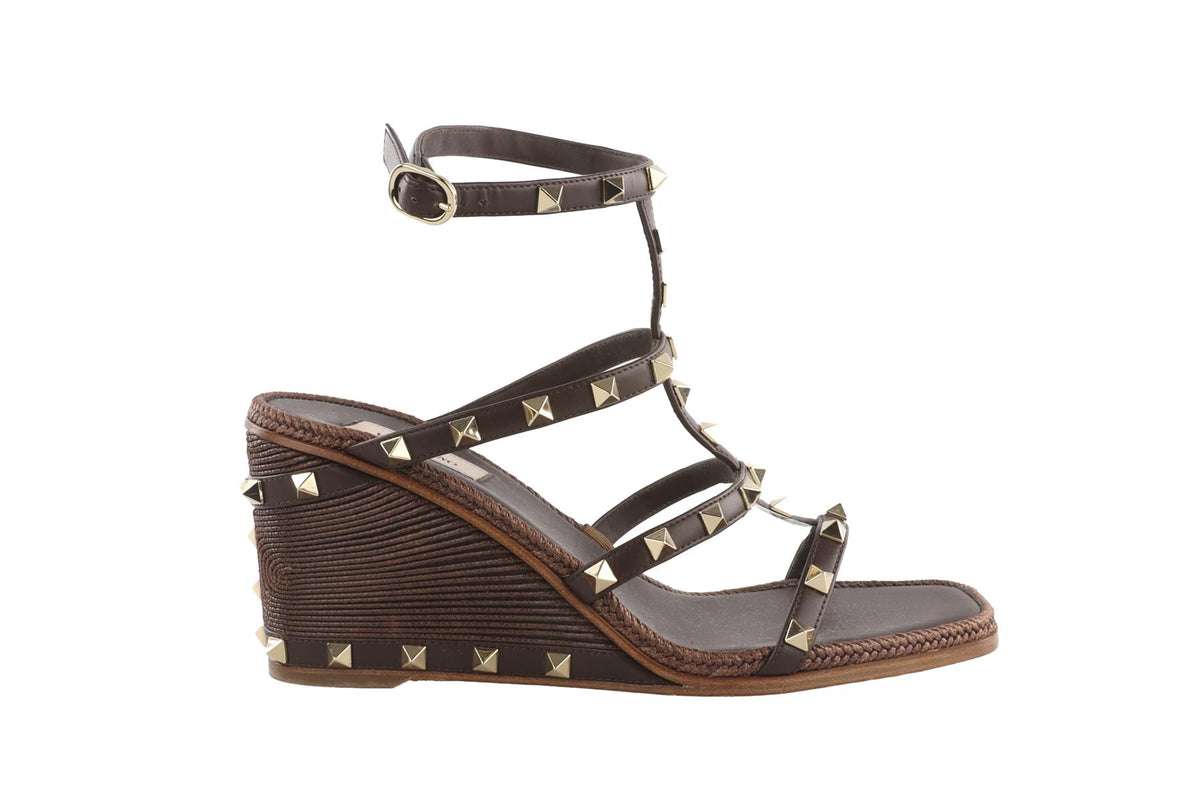 VALENTINO GARAVANI BROWN ROCKSTUD LEATHER WEDGE SANDALS EU 39 UK 6 US 9