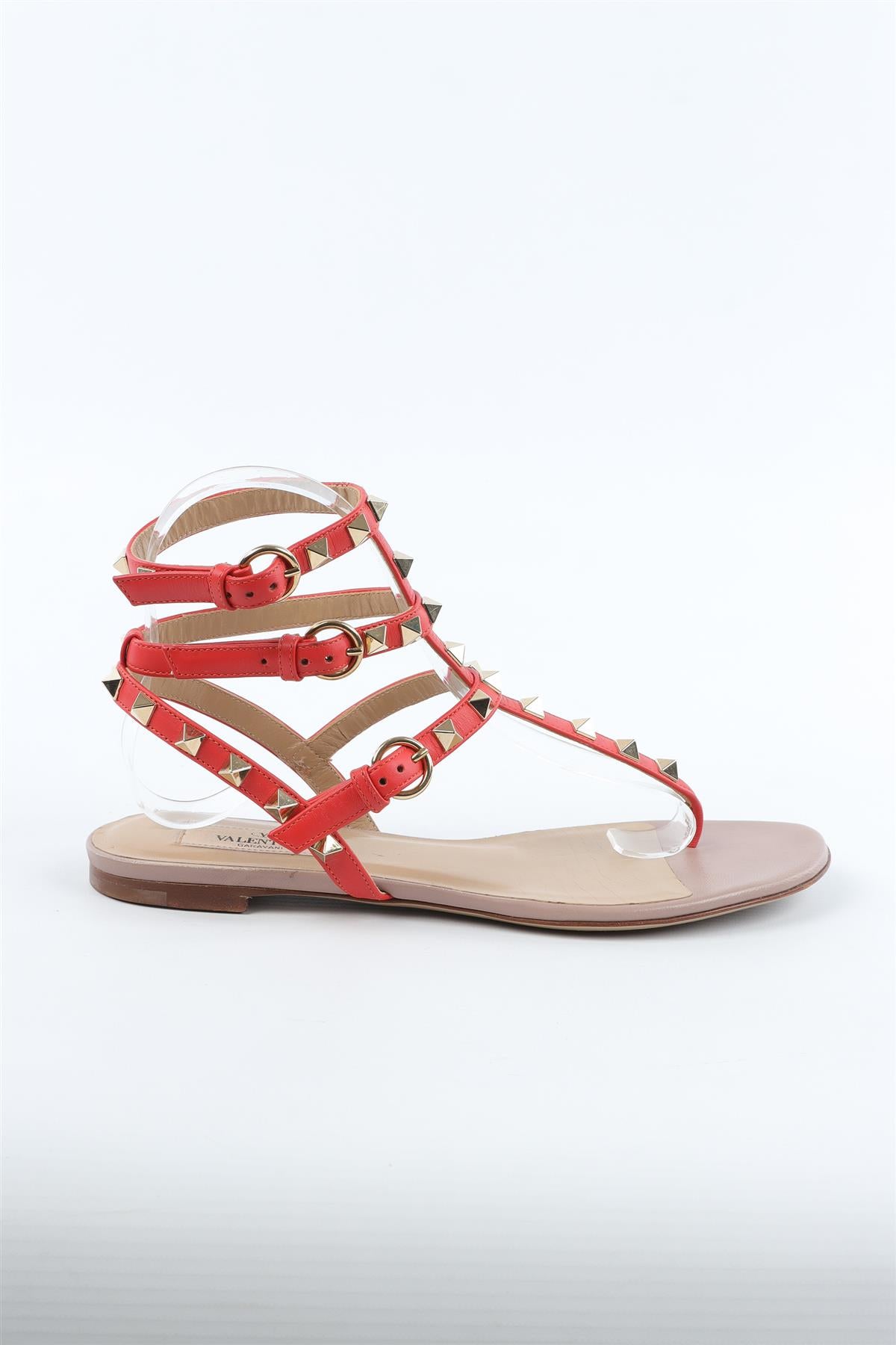 VALENTINO GARAVANI RED ROCKSTUD LEATHER SANDALS EU 37.5 UK 4.5 US 7.5