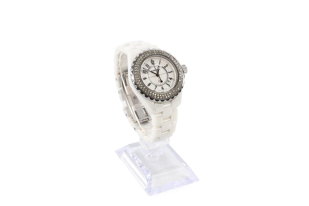 CHANEL WHITE J12 33 MM DIAMOND AND CERAMIC WRIST WATCH