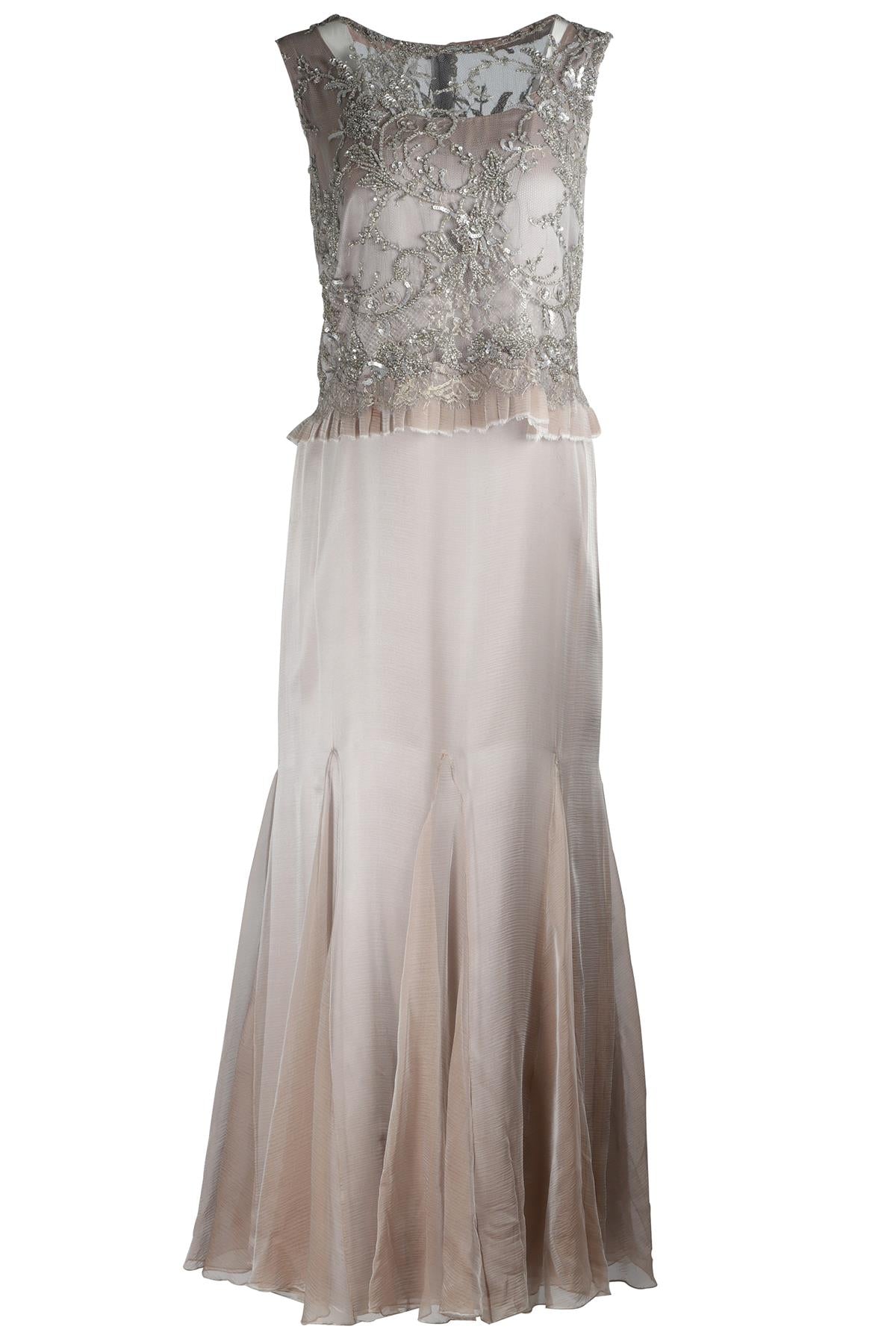JACQUES AZAGURY NUDE CRYSTAL AND SILK MIDI DRESS