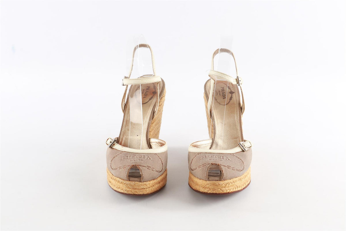 PRADA BEIGE WOVEN WEDGE SANDALS EU 39.5 UK 6.5 US 9.5