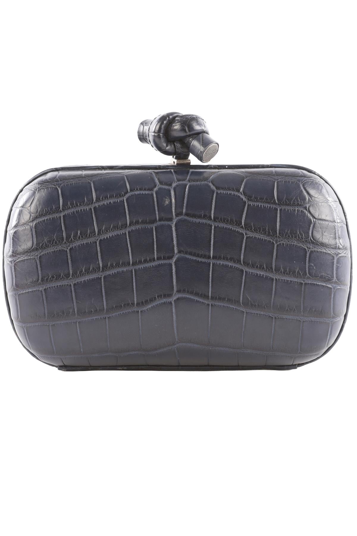 BOTTEGA VENETA NAVY KNOT CROCODILE CLUTCH