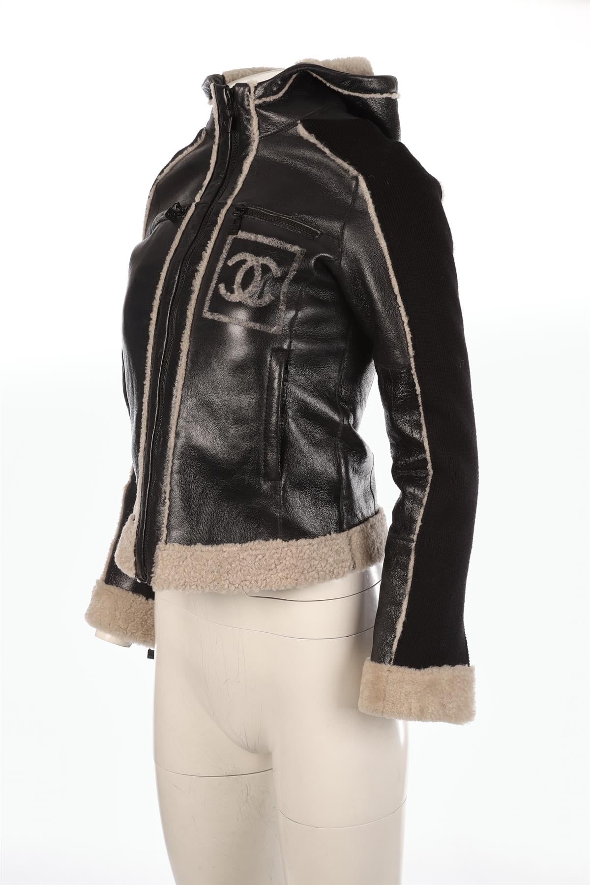CHANEL BLACK 2008 SHEARLING JACKET FR 36 UK 8