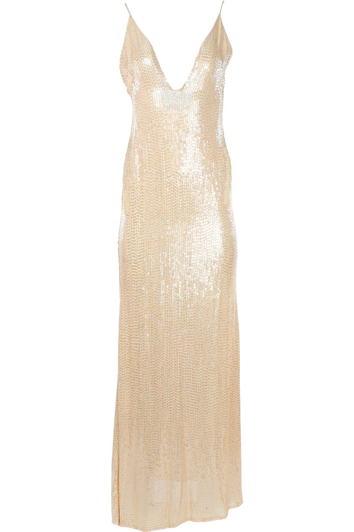 THE NEW ARRIVALS ILKYAZ OZEL BEIGE SEQUIN MAXI DRESS FR 34 UK 6