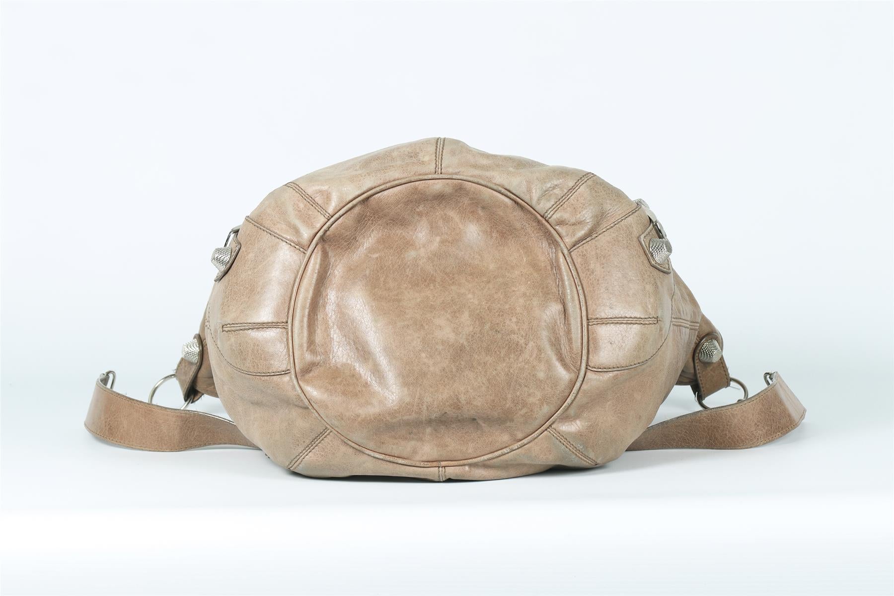 BALENCIAGA TAUPE GIANT 21 POMPON LEATHER BUCKET BAG