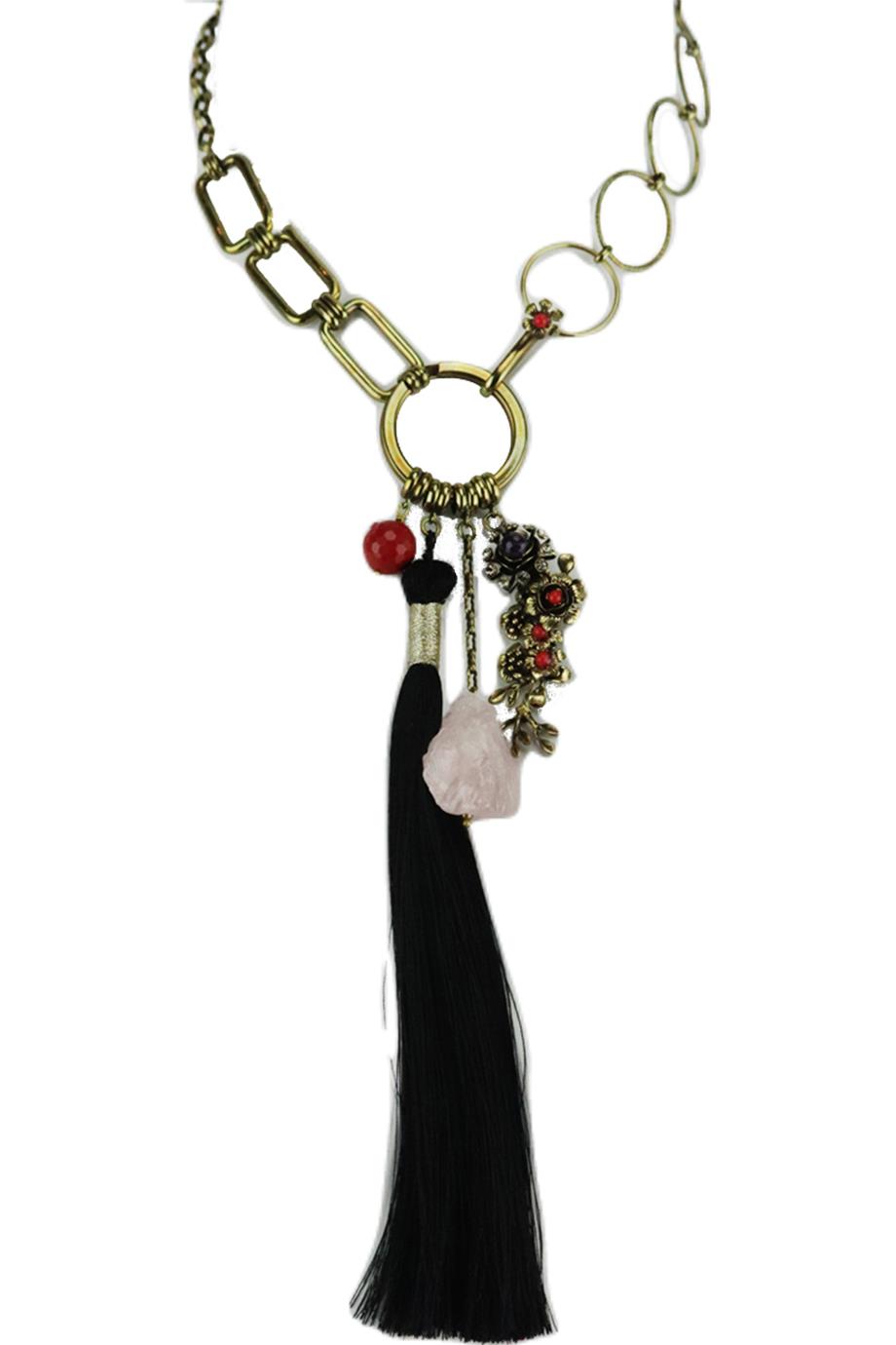 ETRO BRASS TONE TASSELED MULTI STONE CHAIN NECKLACE