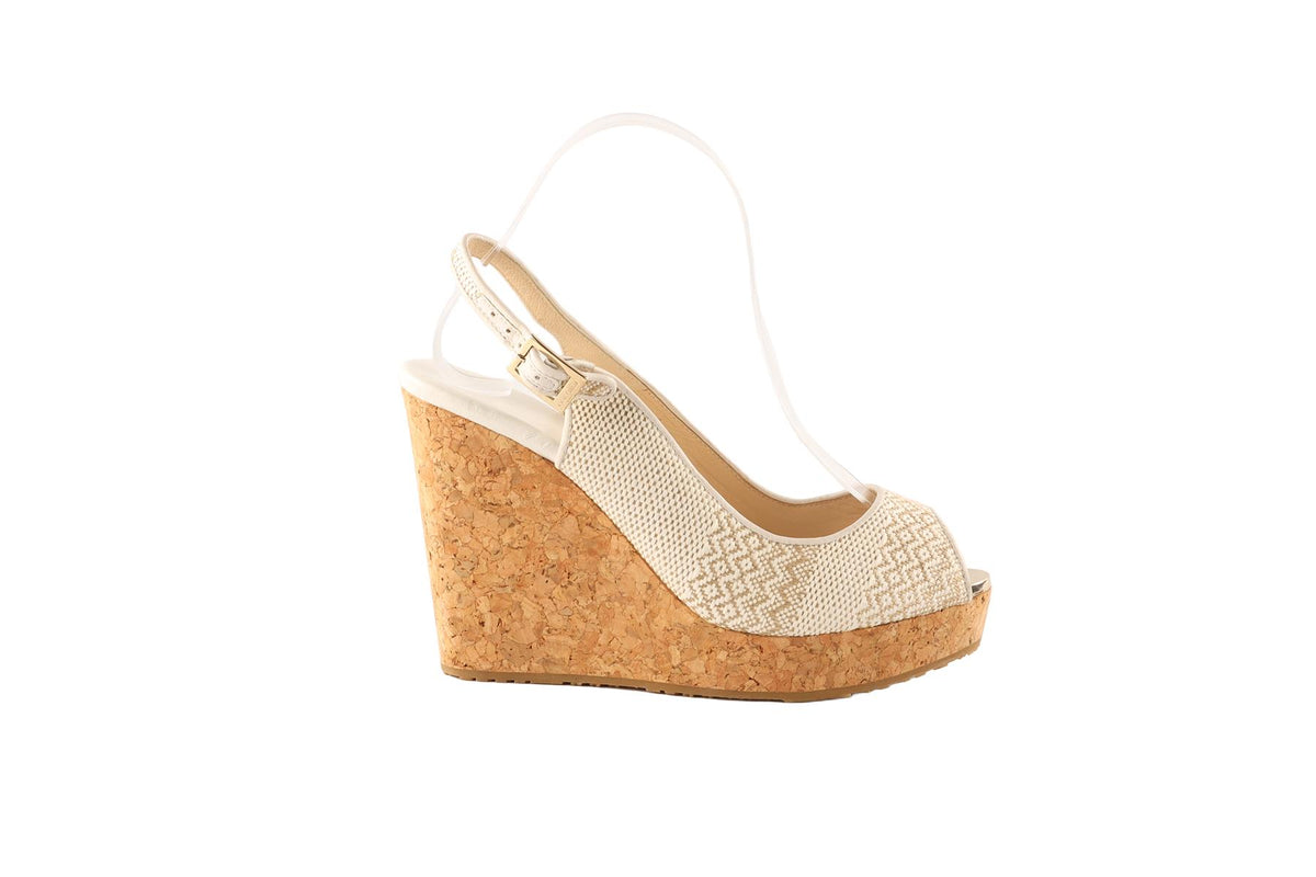 JIMMY CHOO WHITE FABRIC WEDGE SANDALS EU 39.5 UK 6.5 US 9.5