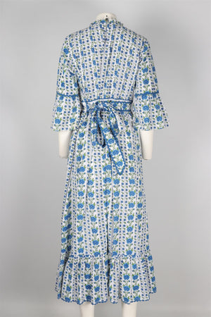 PINK CITY PRINTS BLUE COTTON MAXI DRESS LARGE