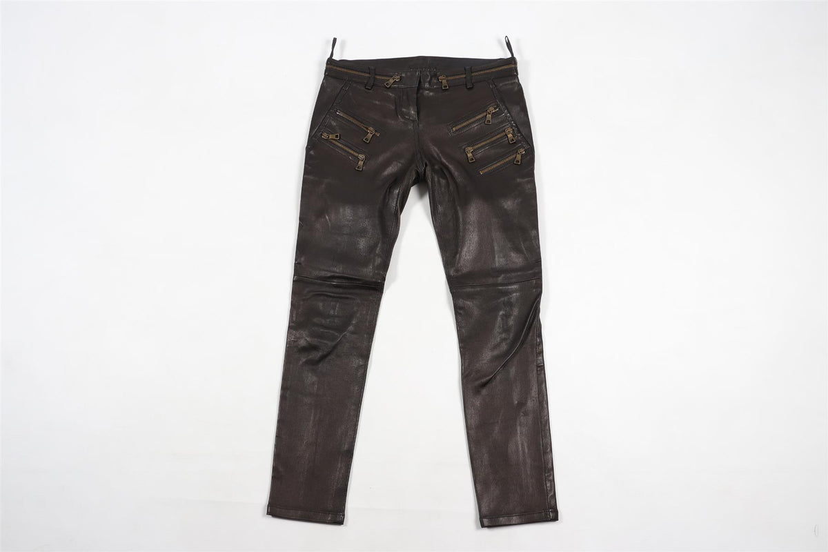 BALMAIN BROWN LEATHER SKINNY PANTS FR 36 UK 8
