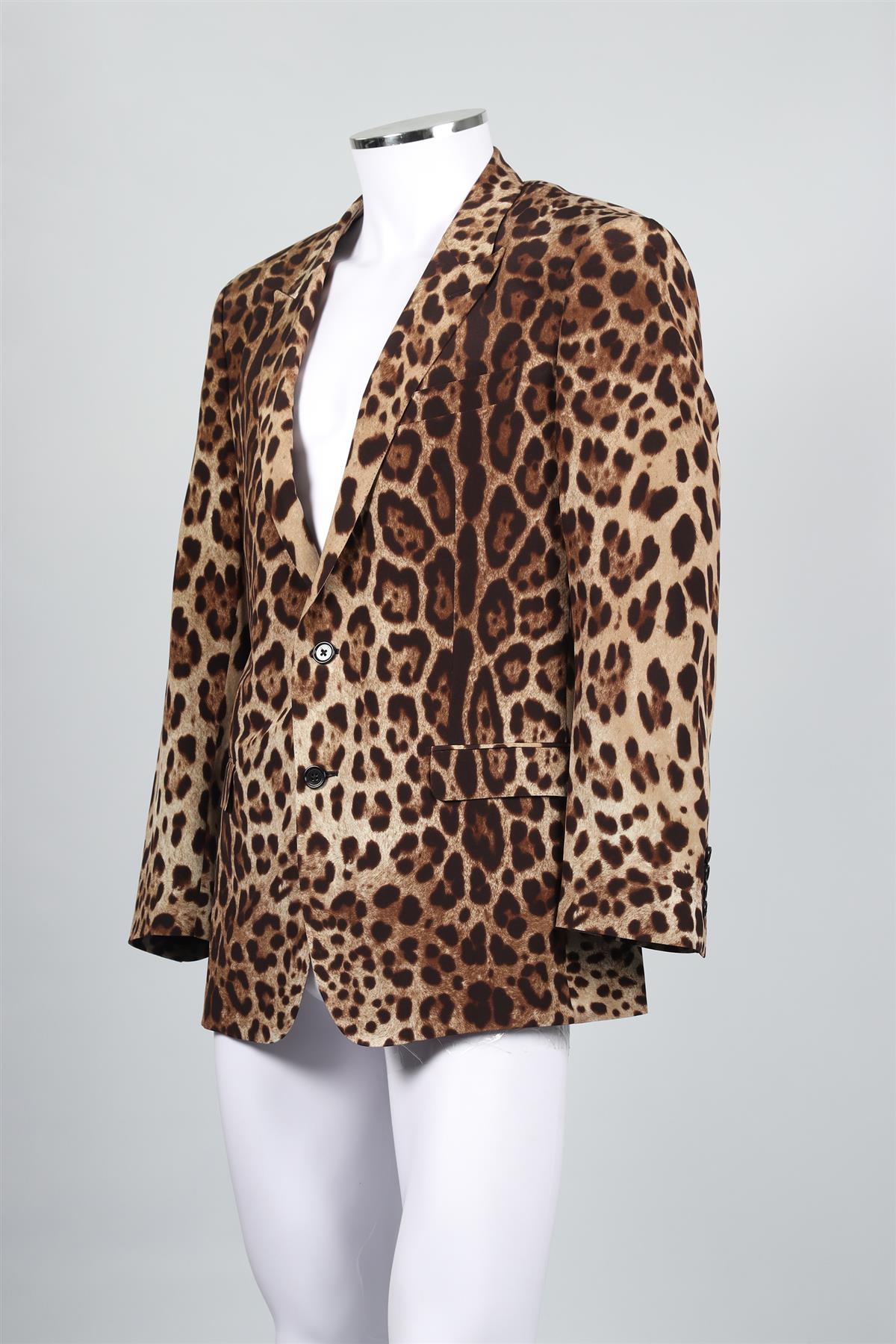 DOLCE & GABBANA MARTINI BROWN MEN'S LEOPARD PRINT SILK BLAZER IT 52 UK 42