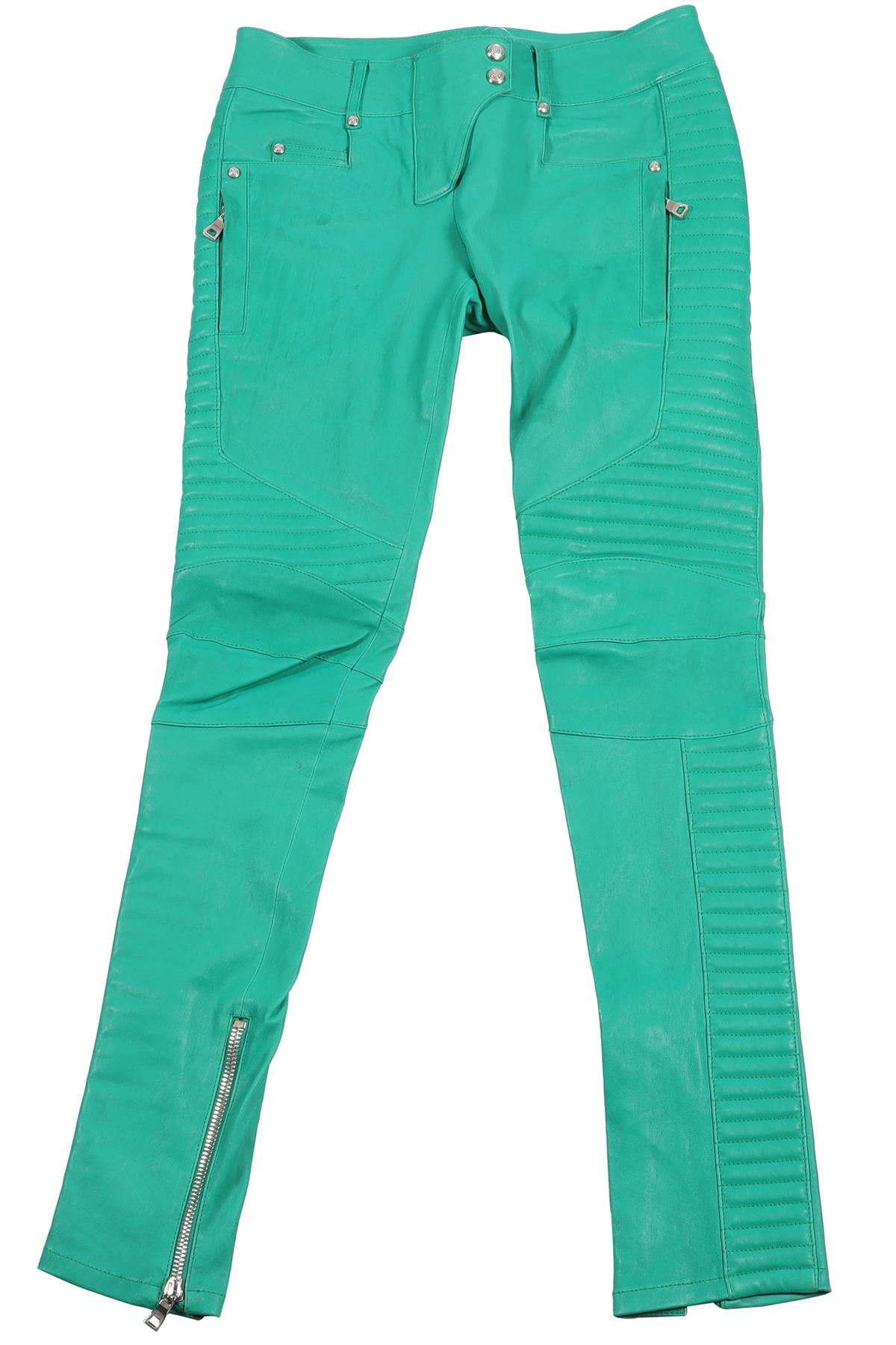 BALMAIN GREEN LEATHER SKINNY PANTS FR 38 UK 10