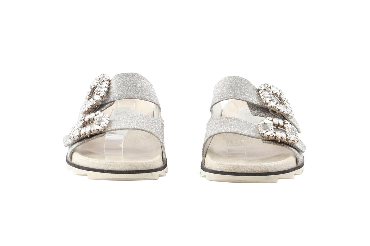 SILVER CRYSTAL AND LEATHER SANDALS