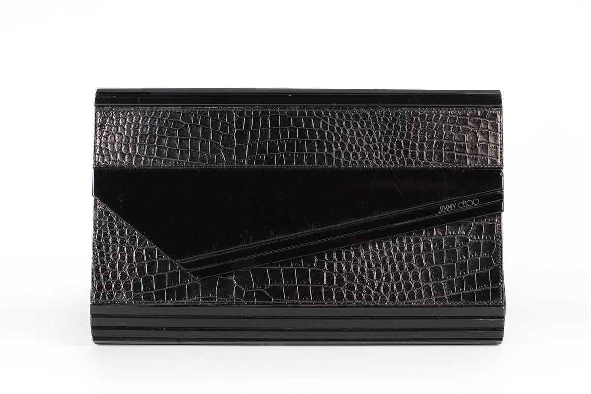 JIMMY CHOO BLACK CROC EFFECT LEATHER CLUTCH