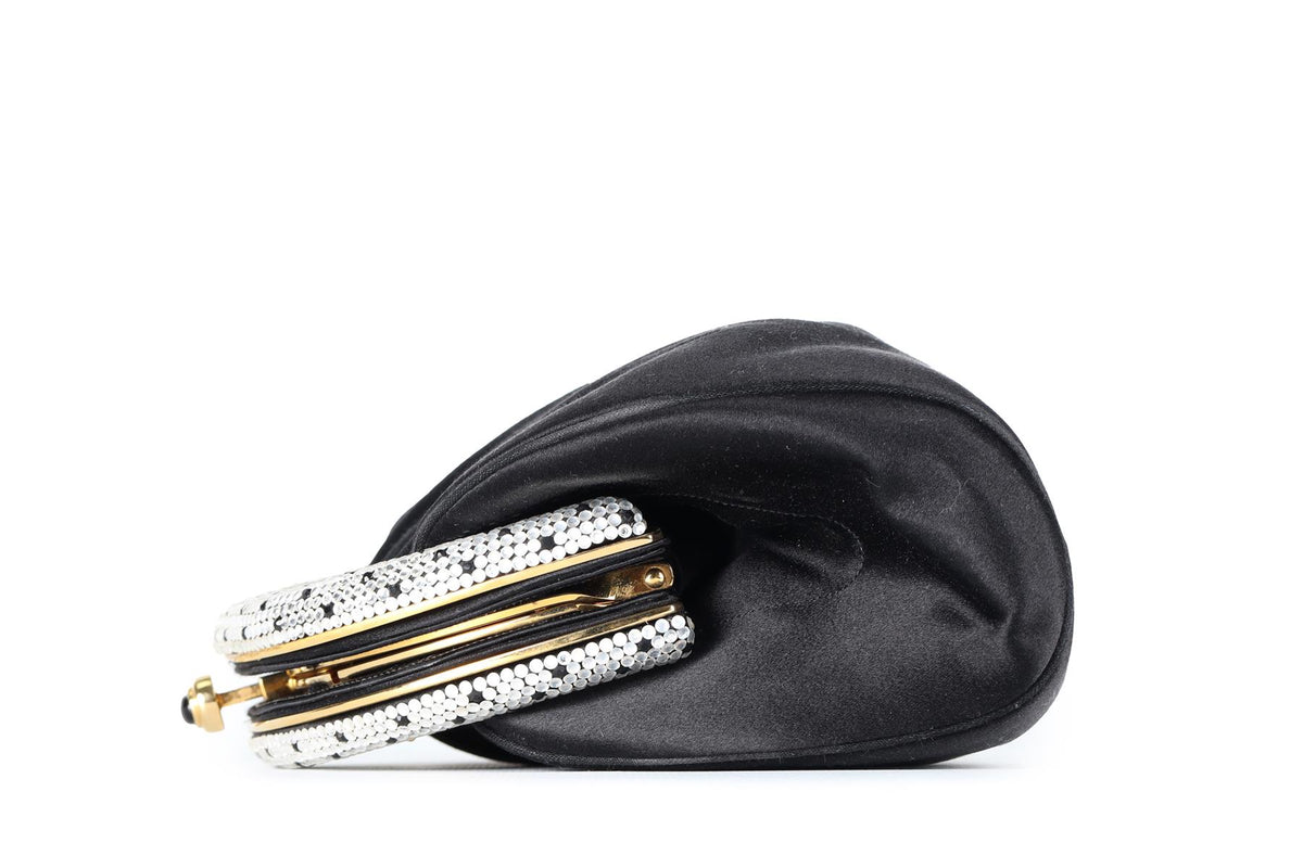 JUDITH LEIBER BLACK VINTAGE CRYSTAL AND SATIN CLUTCH