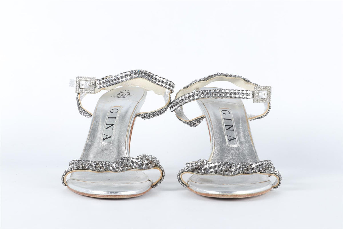 GINA SILVER CRYSTAL AND LEATHER SANDALS EU 38.5 UK 5.5 US 8.5