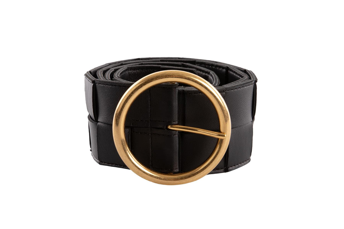 BOTTEGA VENETA BLACK INTRECCIATO LEATHER WAIST BELT 85CM
