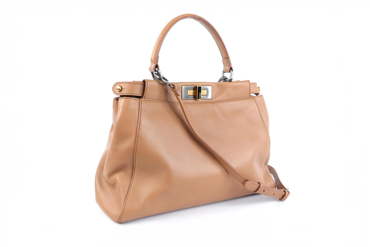 FENDI BROWN PEEKABOO MEDIUM LEATHER AND PYTHON TOTE BAG