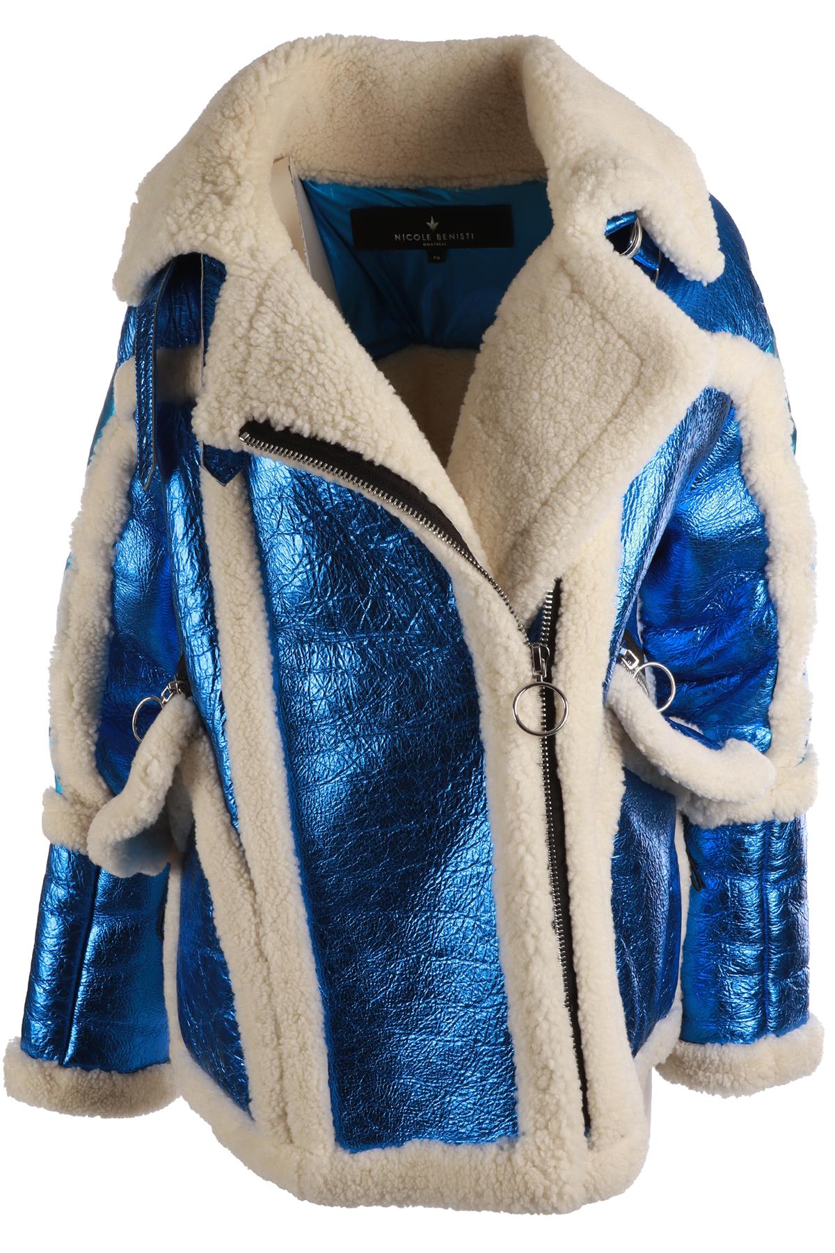 NICOLE BENISTI BLUE SHEARLING AND LEATHER JACKET XSMALL