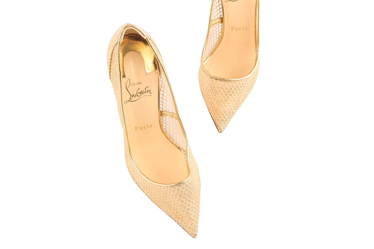 CHRISTIAN LOUBOUTIN GOLD FOLLIES RESILLE MESH PUMPS EU 38.5 UK 5.5 US 8.5