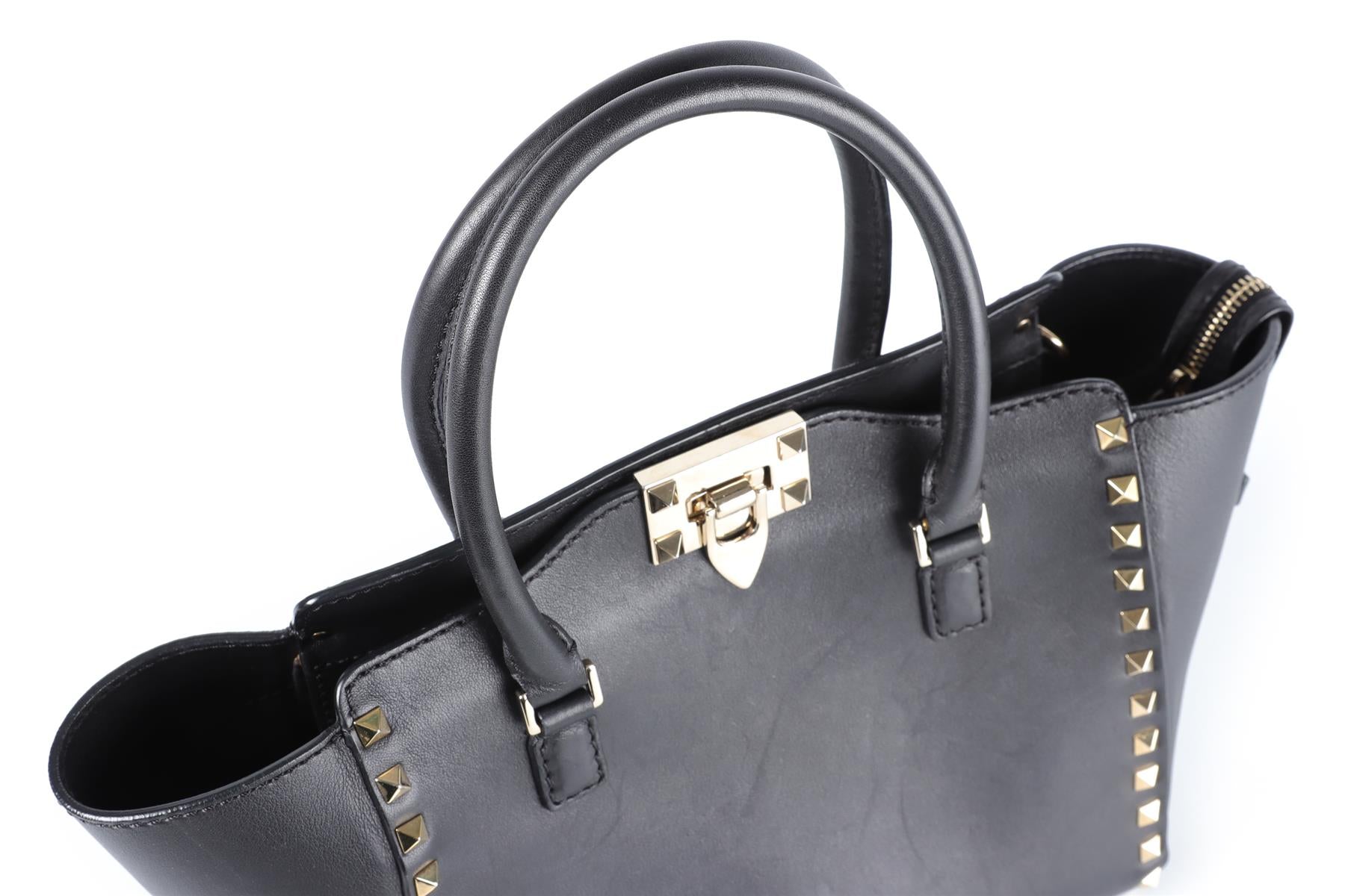 VALENTINO GARAVANI BLACK ROCKSTUD SMALL LEATHER TOTE BAG