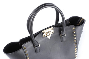 VALENTINO GARAVANI BLACK ROCKSTUD SMALL LEATHER TOTE BAG