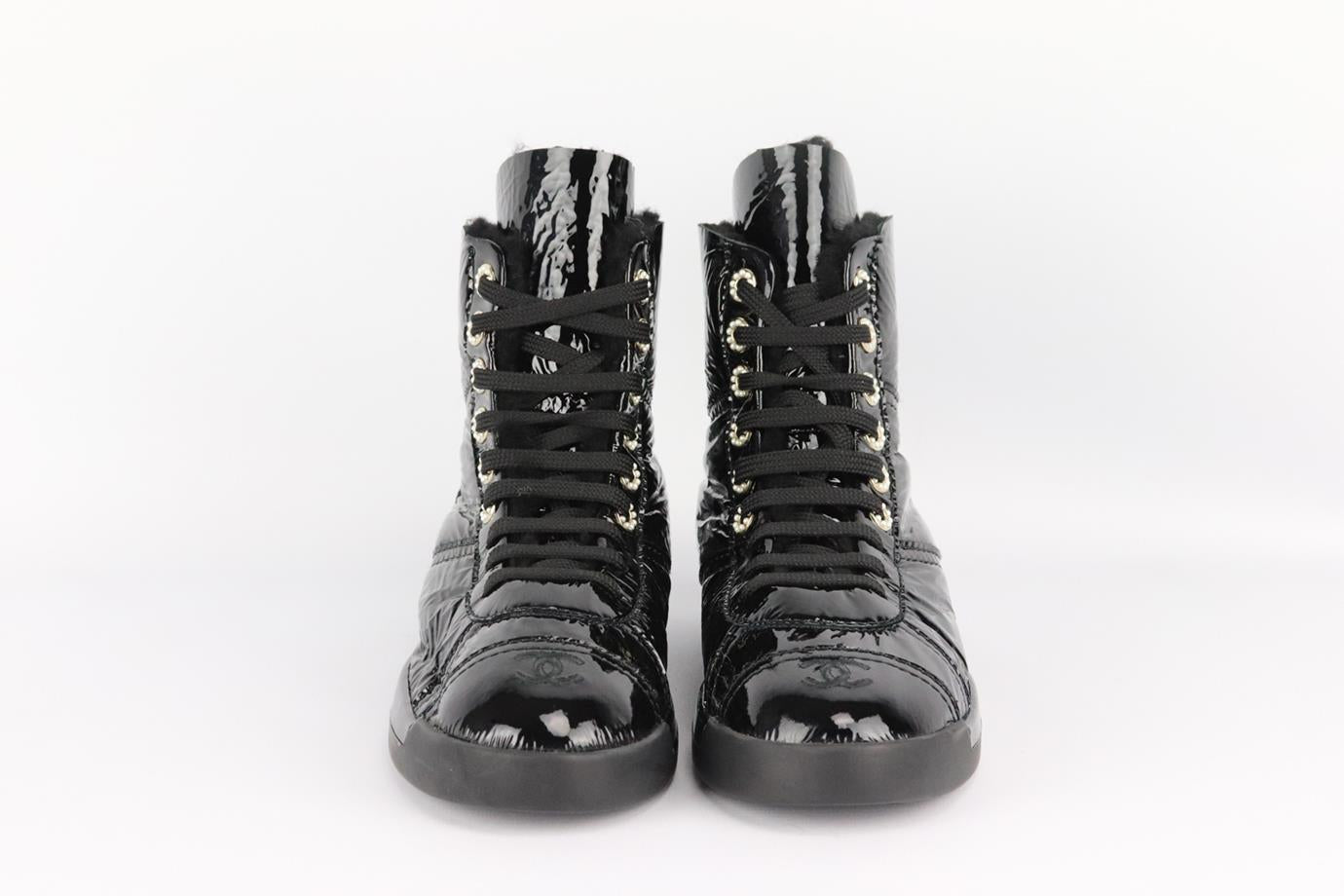 CHANEL 2019 SHEARLING LINED PATENT LEATHER SNEAKERS EU 38 UK 5 US 8