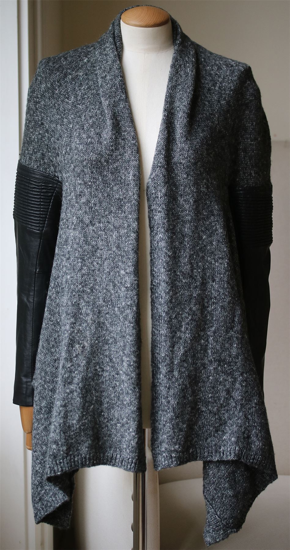 MAJE LEATHER SLEEVE KNIT CARDIGAN SMALL