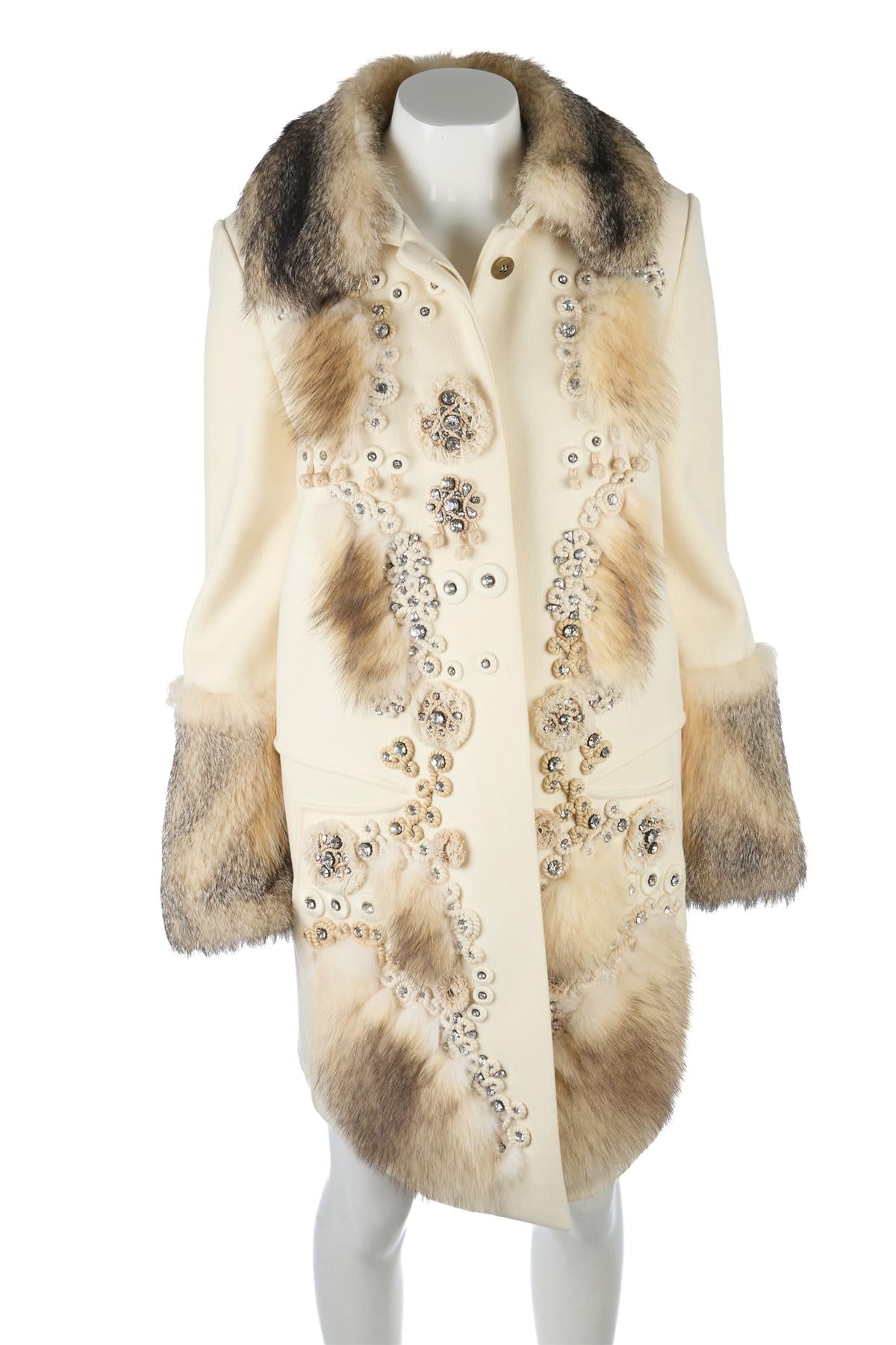CHLOÉ CREAM 2008 FOX FUR AND WOOL COAT FR 36 UK 8