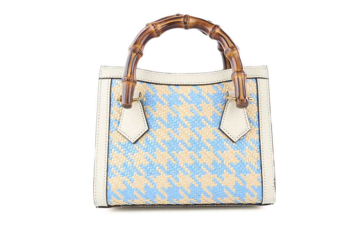 GUCCI BLUE DIANA MINI RAFFIA TOTE BAG