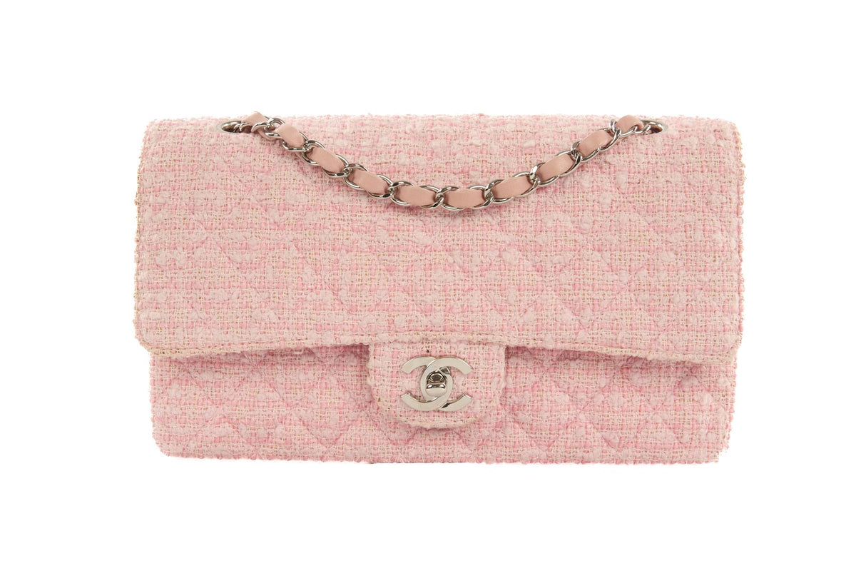 CHANEL PINK 2003-2004 CLASSIC DOUBLE FLAP MEDIUM TWEED SHOULDER BAG