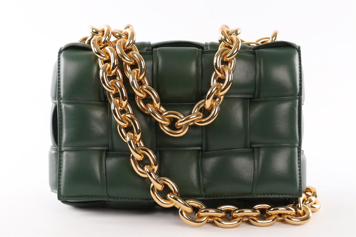 BOTTEGA VENETA GREEN THE CHAIN CASSETTE INTRECCIATO LEATHER SHOULDER BAG