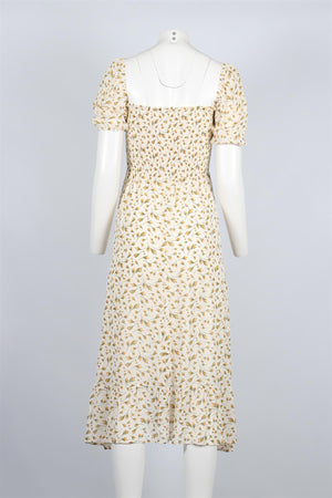 REFORMATION CREAM FLORAL PRINT CREPE MIDI DRESS SMALL