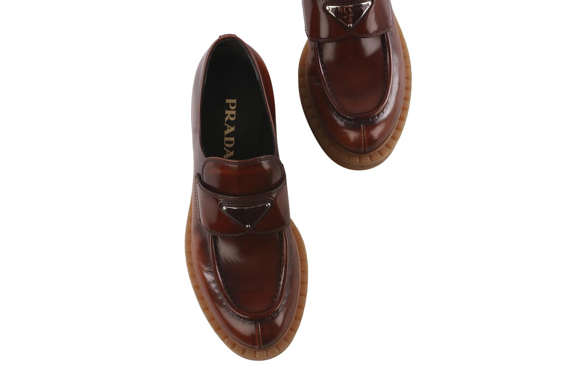 PRADA BROWN LEATHER PLATFORM LOAFERS EU 38 UK 5 US 8