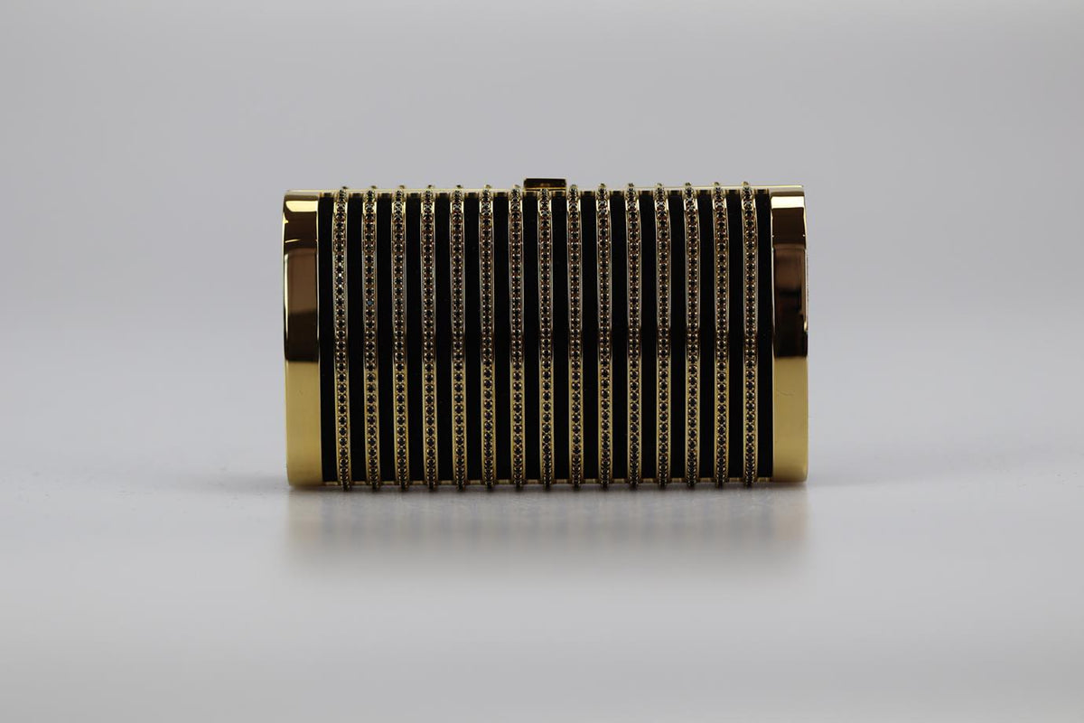 STARK CRYSTAL EMBELLISHED SUEDE AND GOLD TONE CLUTCH
