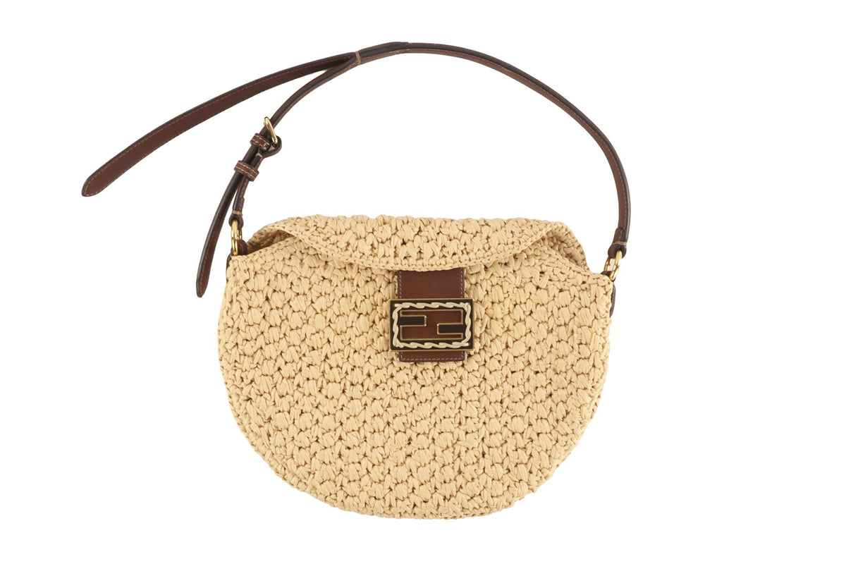 FENDI BEIGE CROISSANT SMALL RAFFIA TOTE BAG