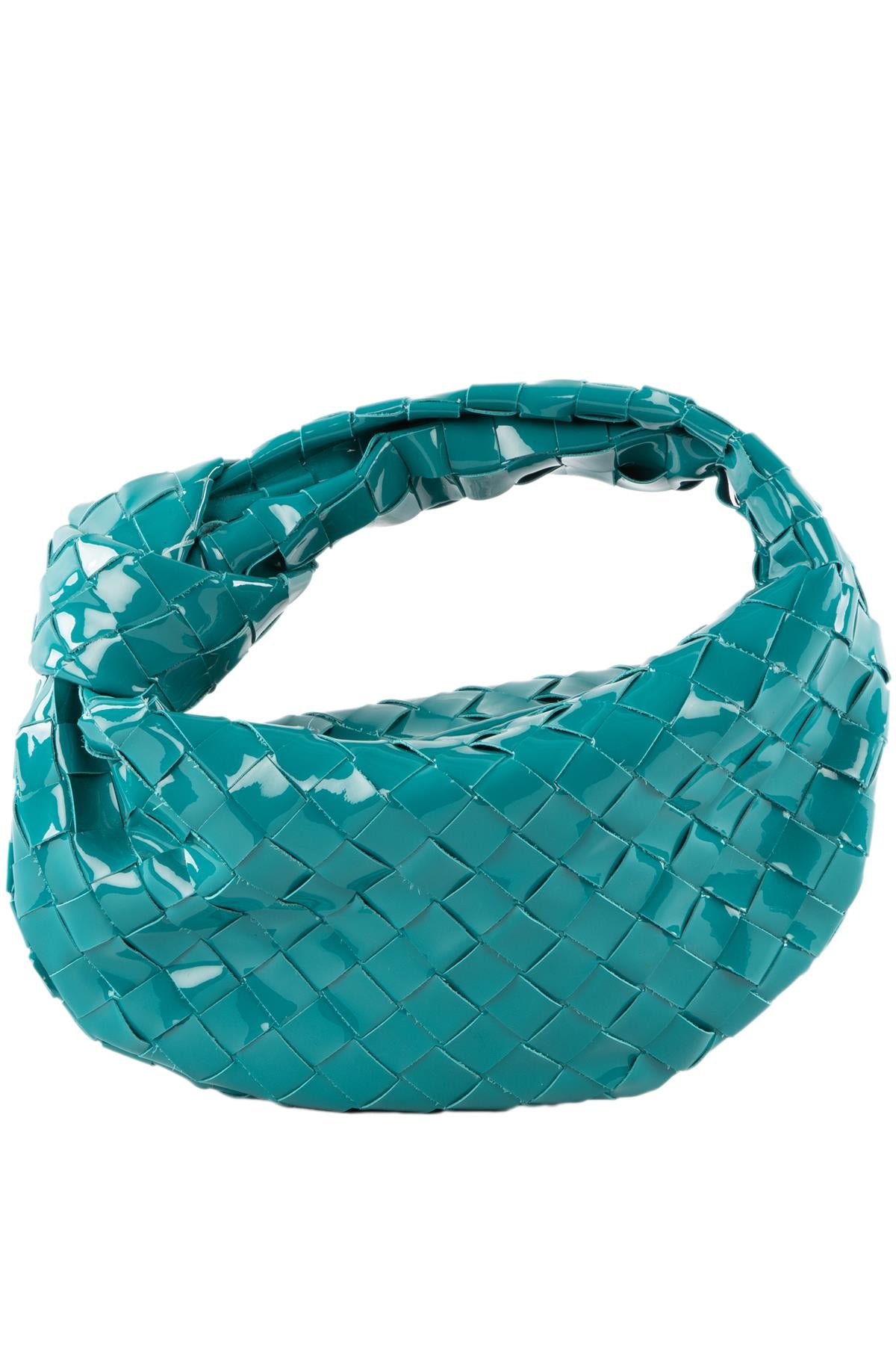 BOTTEGA VENETA BLUE JODIE MINI INTRECCIATO PATENT LEATHER TOTE BAG