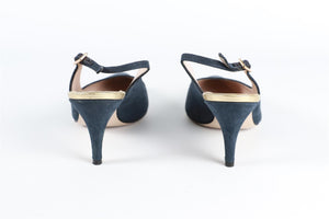 SALVATORE FERRAGAMO BLUE CANVAS SLINGBACK PUMPS