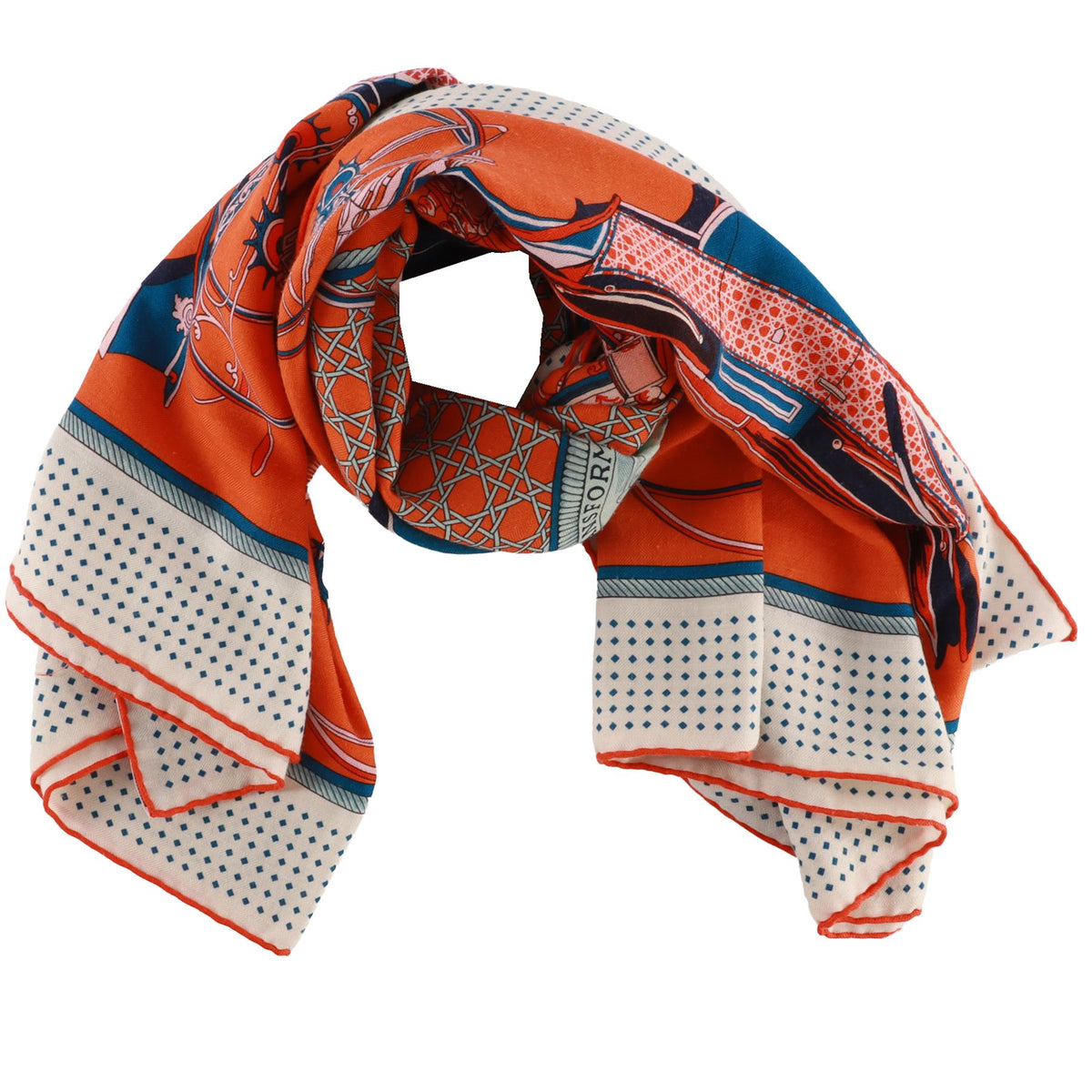 HERMÈS ORANGE LES VOITURES A TRANSFORMATION CASHMERE SCARF 134CM